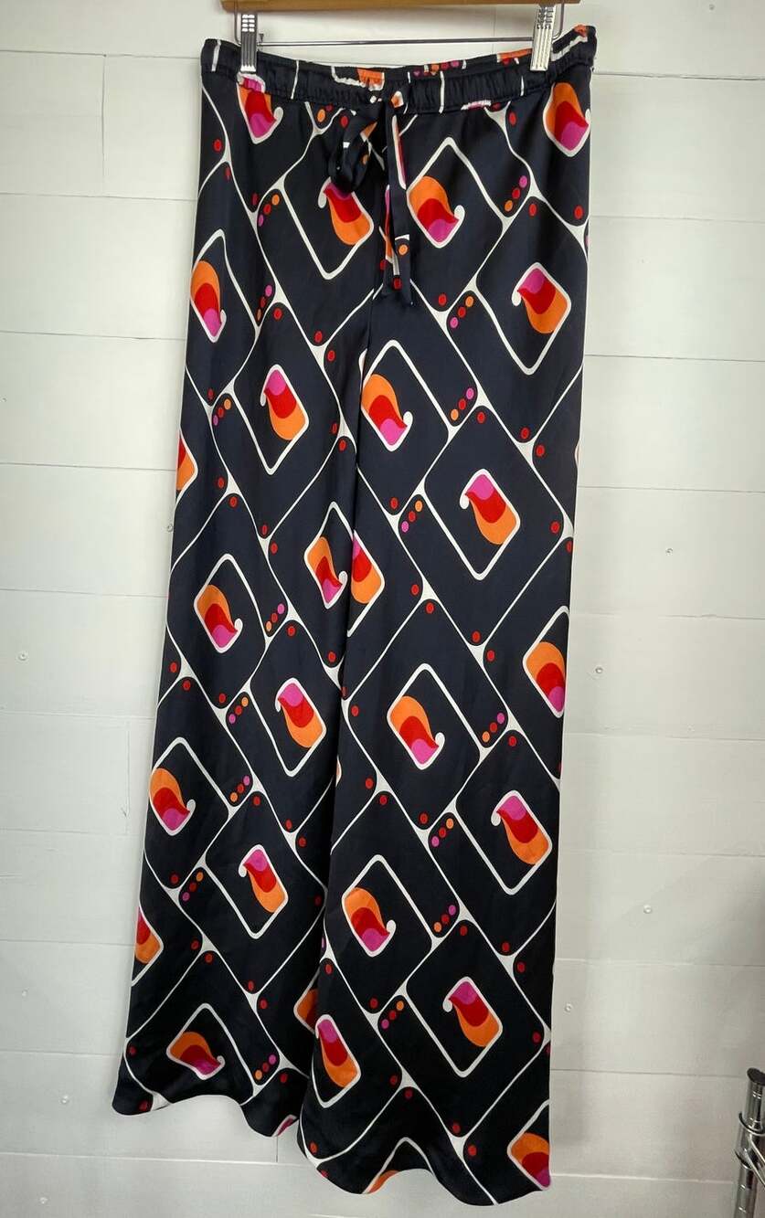 Zara Geometric Retro Print Wide-Leg Silky Palazzo Pants - Size M